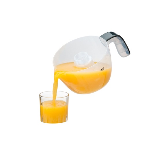 BLACKDECKER CJ200 juicer pitcher pouring orange juice into a glass, side angle, white background.