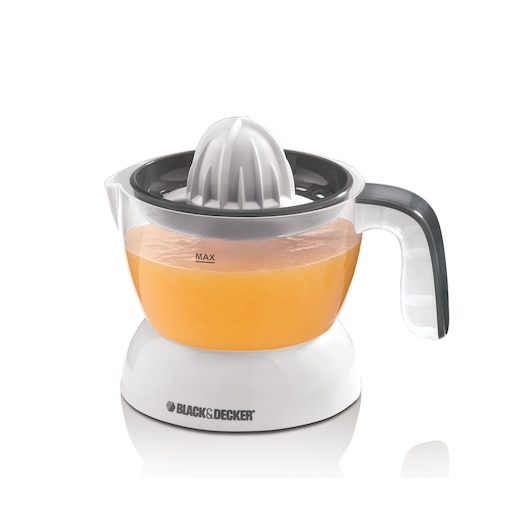 BLACK+DECKER CJ200 electric citrus juicer with transparent jug and grey handle, front angle on white background.