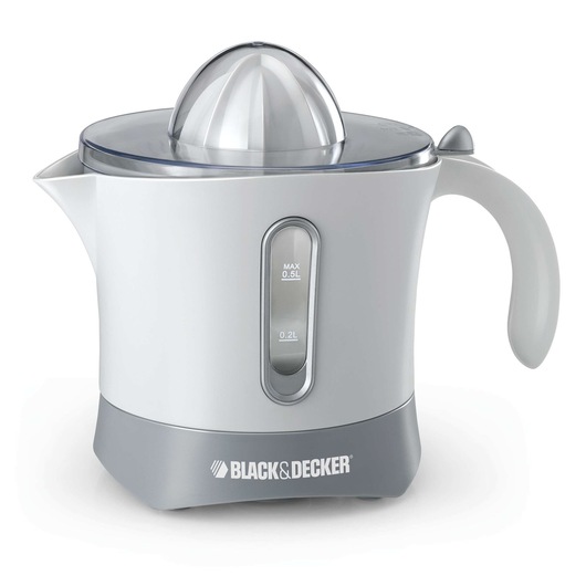 A BLACK+DECKER CJ650 electric citrus juicer in white and grey with a transparent lid, ergonomic handle, spout, and visible measurement markings on the front.