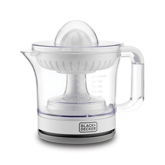A BLACK+DECKER electric citrus juicer with a transparent container, white top, and measurement markings on the side. The juicer has a handle and a spout for easy pouring.