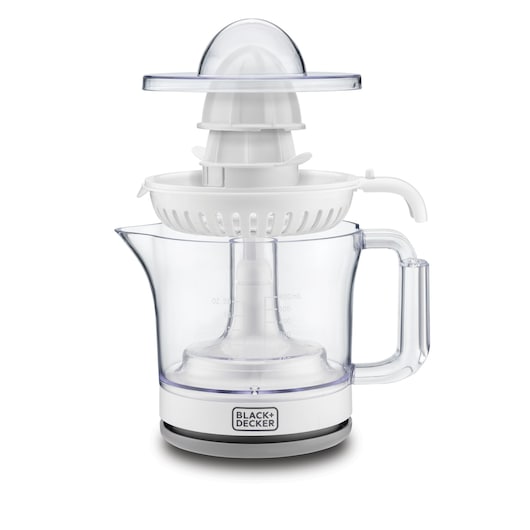 A clear and white electric citrus juicer with a transparent lid and a handle. The BLACK+DECKER logo is visible on the base, and the juicer has measurement markings on the pitcher.