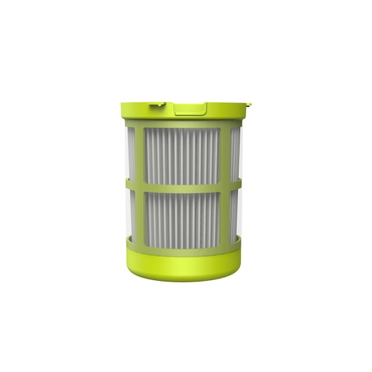 A cylindrical vacuum filter with yellow plastic frame and pleated white filter material, photographed on a plain white background.