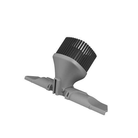 A grey vacuum cleaner accessory with a round brush, designed for cleaning surfaces and upholstery.