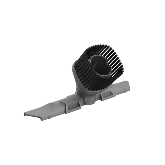 A close-up view of a detachable grey vacuum cleaner brush attachment with a rectangular base and cylindrical bristle section, designed for cleaning surfaces.