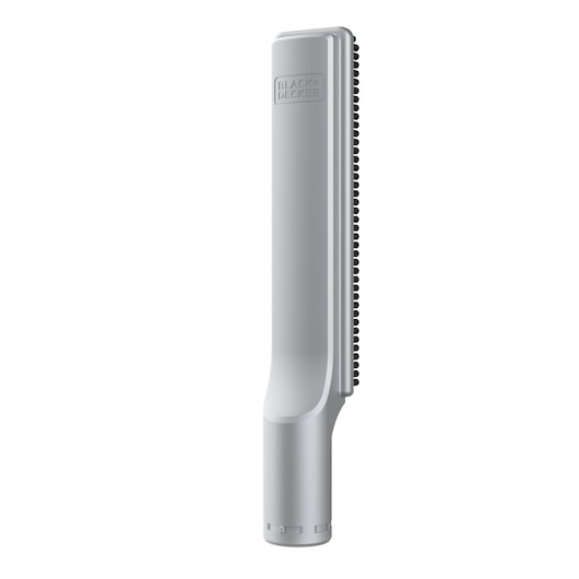 A grey BLACK+DECKER vacuum cleaner attachment with a slim, elongated design and bristles along one side.
