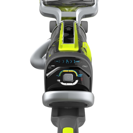 Close-up view of the control panel on a BLACK+DECKER CUA525BHA vacuum cleaner, showing various buttons, LED indicators, and settings for suction power and modes.