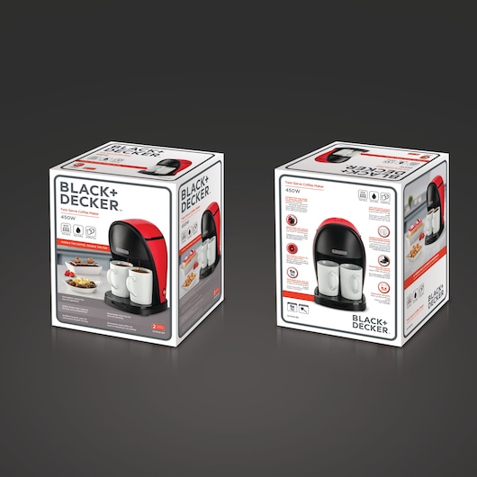 Photo of BLACK+DECKER DCM48 twin serve coffee maker packaging, showing product image and features on white background.