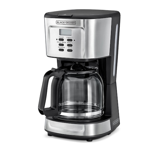 A BLACK+DECKER coffee maker with a stainless steel and black design, featuring a digital display, control buttons, and a glass carafe.