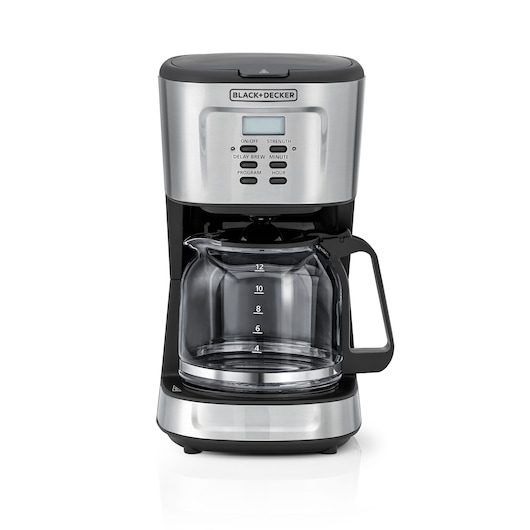 A BLACK+DECKER drip coffee maker with a stainless steel and black design, digital display, several control buttons, and a glass carafe that holds up to 12 cups.
