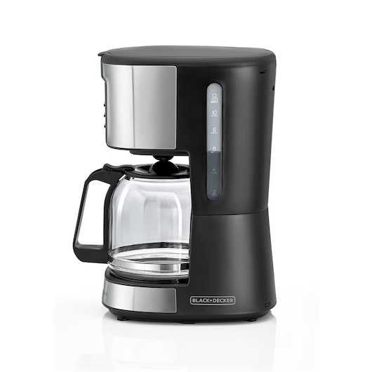 A BLACK+DECKER coffee maker with a black and silver exterior. It features a glass carafe, a handle, and a visible measurement scale for cups, placed on a white background.