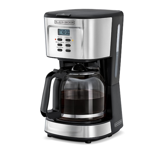 A BLACK+DECKER coffee maker with a digital display, several control buttons, and a glass carafe containing coffee. The appliance features a stainless steel and black finish.
