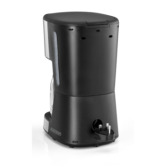 A black, modern electric coffee maker from BLACK+DECKER, shown from the side angle with a water level indicator and a detachable plug at the base.