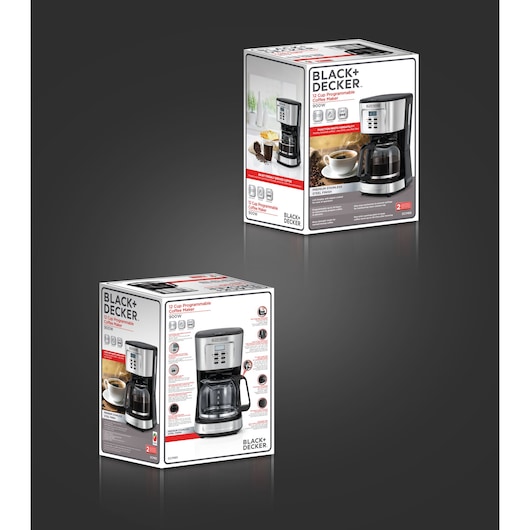 Two BLACK+DECKER coffee maker product boxes are displayed against a dark background. The packaging features images of the 12-cup programmable coffee maker, with stainless steel accents, and highlights of the product’s features such as 900W power and programmable settings.