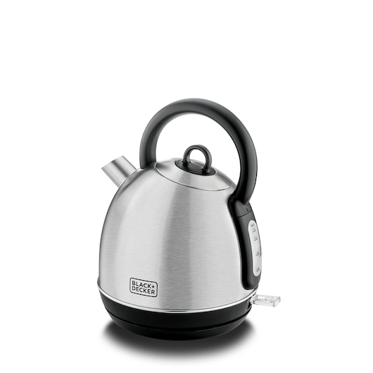 A stainless steel and black electric kettle with a rounded design and handle, featuring the BLACK+DECKER logo on the front.
