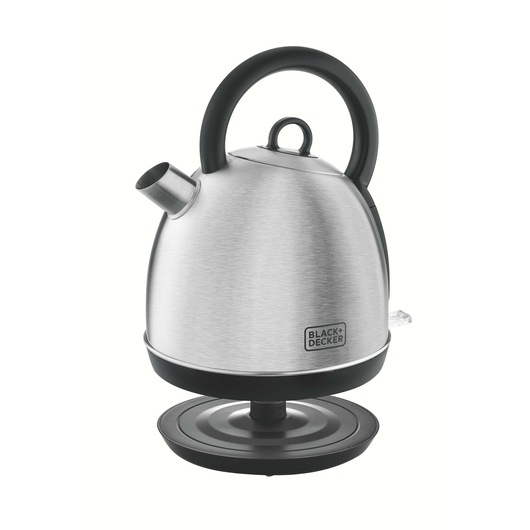 BLACK+DECKER DK40 electric kettle with brushed stainless steel finish, side view on white background.