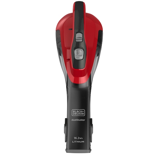 A BLACK+DECKER dustbuster handheld vacuum cleaner with a red and black design, labeled as 16.2Wh Lithium.