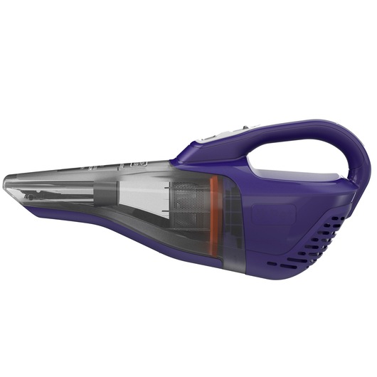 A BLACK+DECKER handheld vacuum cleaner in purple and grey, designed for easy cleaning of small areas or surfaces.