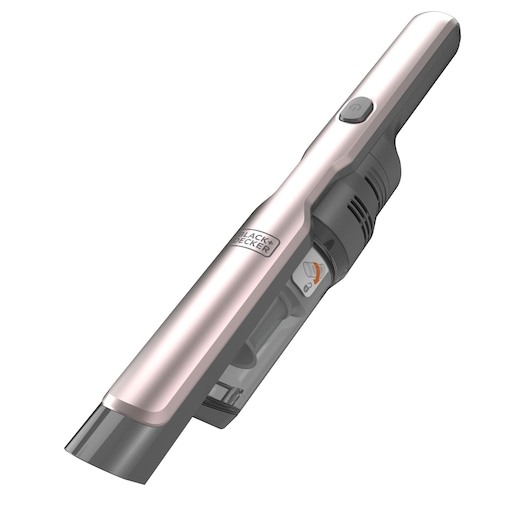 A handheld cordless vacuum cleaner in metallic pink and gray colors, branded BLACK+DECKER, shown at an angle on a white background.