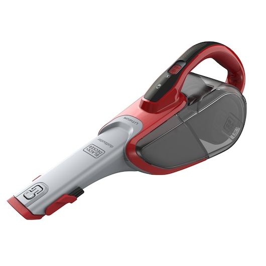 A BLACK+DECKER handheld vacuum cleaner, model DVJ315J, with a red and grey design, featuring a curved handle and transparent dust container.