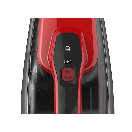 Close-up view of the control panel of a BLACK+DECKER handheld vacuum cleaner in red and black, showing power and battery indicator buttons.
