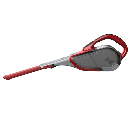 A BLACK+DECKER handheld vacuum cleaner with a grey and red design, featuring a long, narrow nozzle and ergonomic handle.