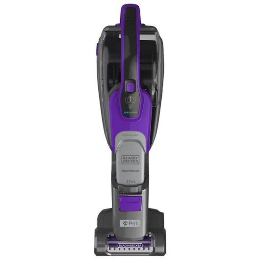 BLACK+DECKER DVJ325BFSP handheld vacuum for pet hair, purple and gray, front angle on white background.