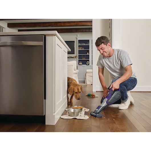 BLACKDECKER DVJ325BFSP handheld vacuum cleaning pet food spills on kitchen floor near dog bowls.