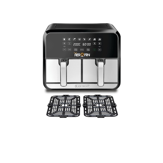 BLACK+DECKER Dual AeroFry air fryer with two baskets, digital touch display, and two removable grill plates shown in front. Model DZAF1700-B5.
