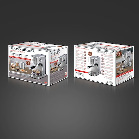 Photo of BLACK+DECKER ECM150 espresso coffee machine packaging showing product features and accessories.