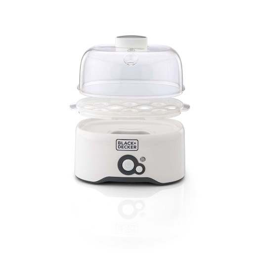 A BLACK+DECKER electric egg cooker, featuring a white base with a control button, a removable egg tray, and a transparent plastic lid.