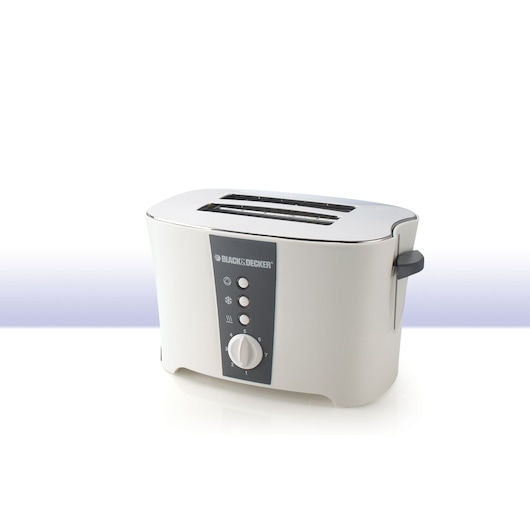 BLACK+DECKER ET122 toaster with two slots, a white and grey exterior, control buttons, and a browning dial, shown on a white background.