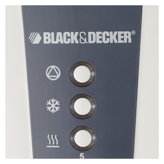 Close-up view of a BLACK+DECKER device control panel featuring three white buttons with icons representing different functions: a triangle symbol, a snowflake for cooling, and steam lines for heating.