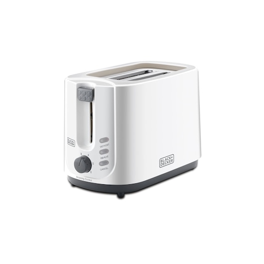A white BLACK+DECKER two-slice toaster with a browning control knob, buttons for defrost, reheat, and cancel, and a slot for bread slices.