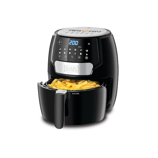 1500W Black and Decker 13 in 1 Multifunction Digital Aerofry front view with french fries in half open food basket