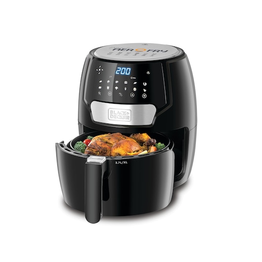 1500W Black and Decker 13 in 1 Multifunction Digital Aerofry front view with roasted full chciken in half open food basket