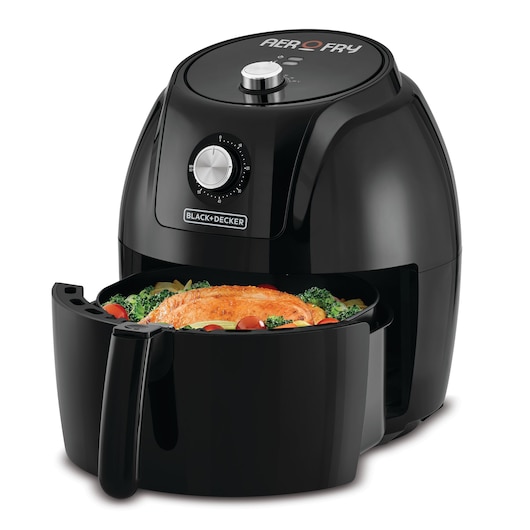 Aerofry Black and Decker Mechanical Control Air fryer black color left side view of open food basket containing full chicken