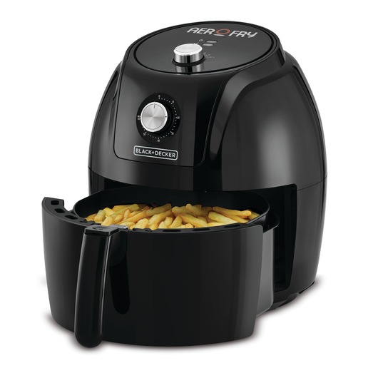 Aerofry Black and Decker Mechanical Control Air fryer black color left side view of open food basket full of french fries