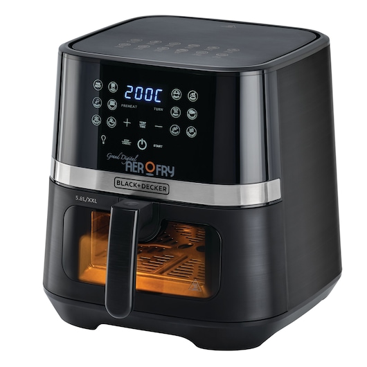 1800W Black and Decker 12 in 1 Multifunction Grand Digital Aerofry side view with closed basket and lit viewing window