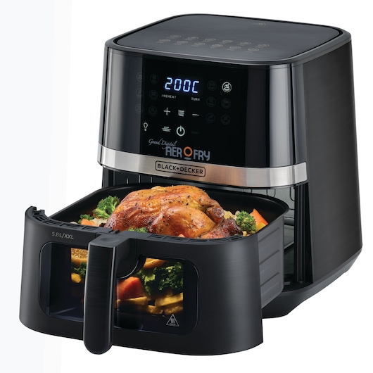 1800W Black and Decker 12 in 1 Multifunction Grand Digital Aerofry front view with open basket with roasted chicken in it