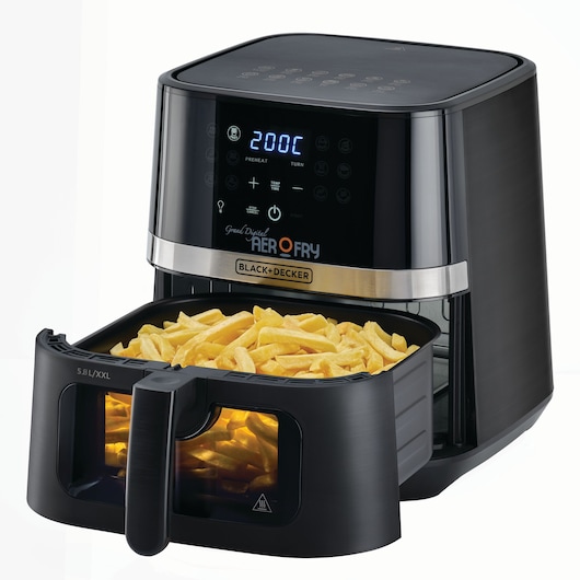 1800W Black and Decker 12 in 1 Multifunction Grand Digital Aerofry front view with open basket with french fries in it