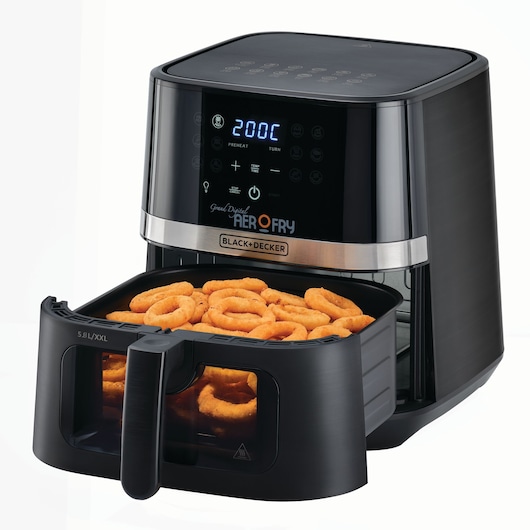 1800W Black and Decker 12 in 1 Multifunction Grand Digital Aerofry front view with open basket with onion rings in it