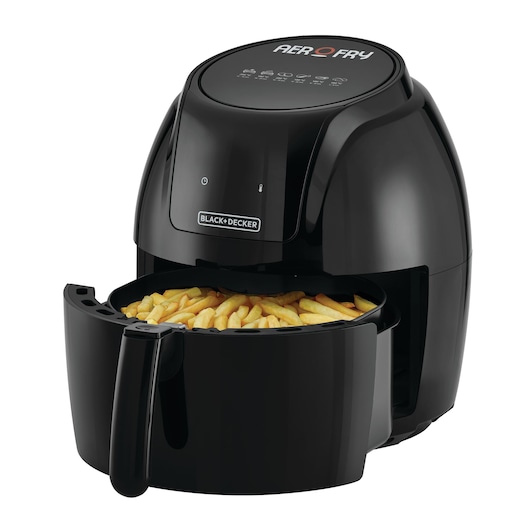 Aerofry Black and Decker Digital Control Air fryer black color left side view of food basket open and full of french fries