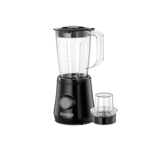 Blender Black and Decker left front view with blender jar fitted on black motor base and grinder mill