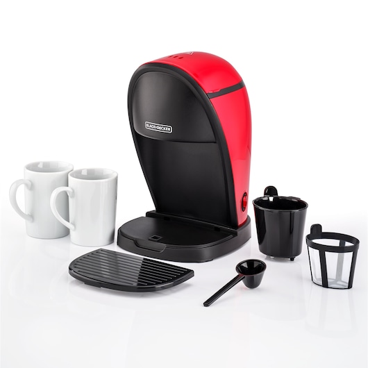 Twin Serve Coffee Maker Black and Decker Side view with cups, drip tray, measuring spoon, filter arranged around the machine