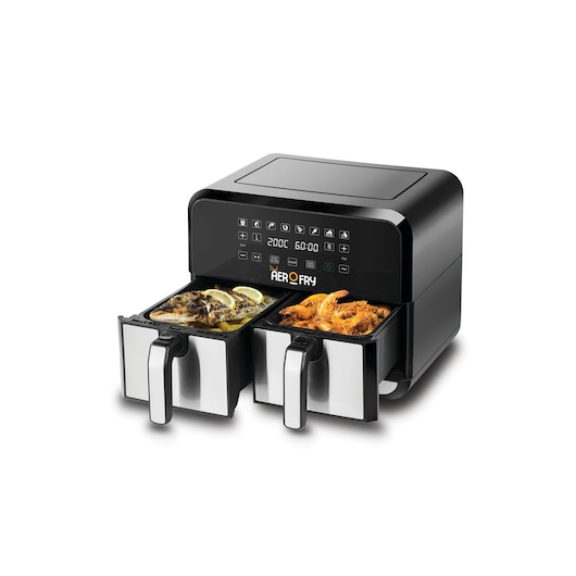 1700W Airfryer Black and Decker Dual Aerofry Stainless Steel open baskets with fish and lemons on left and shrimps on right