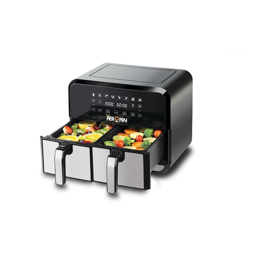 1700W Airfryer Black and Decker Dual Aerofry Stainless Steel open baskets with fruits and vegetables for dehydration