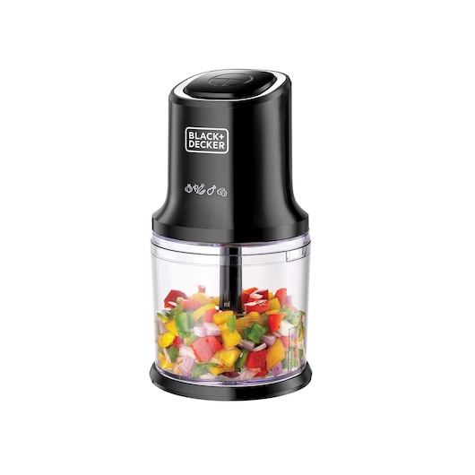 Vertical chopper Black and Decker left front view with chopped red yellow and green vegetables in the bowl