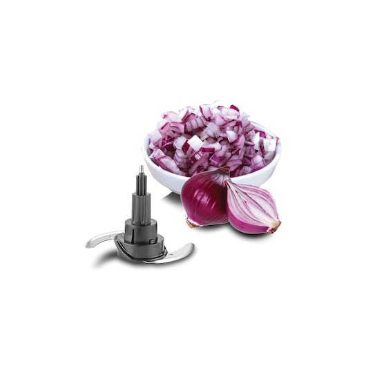 800W Black and Decker White Plastic Food Processor reversible chopping blade with chopped onions in bowl and cut onions