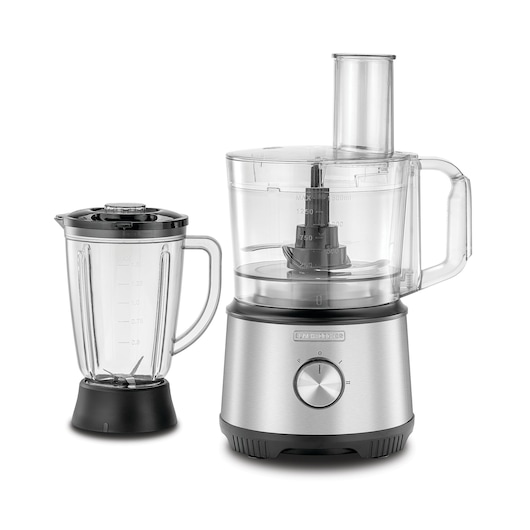 800W Black and Decker Stainless Steel Food Processor front view with bowl on motor unit and blender jar on side