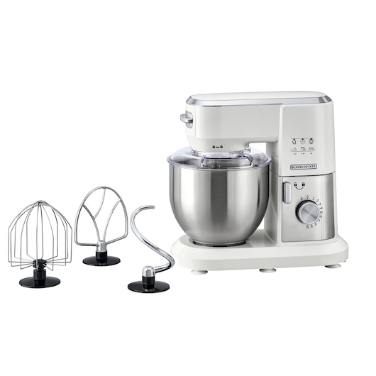 Kitchen Machine Black and Decker front view 6 liter brushed bowl with aluminium whisk beater and dough hook placed on side